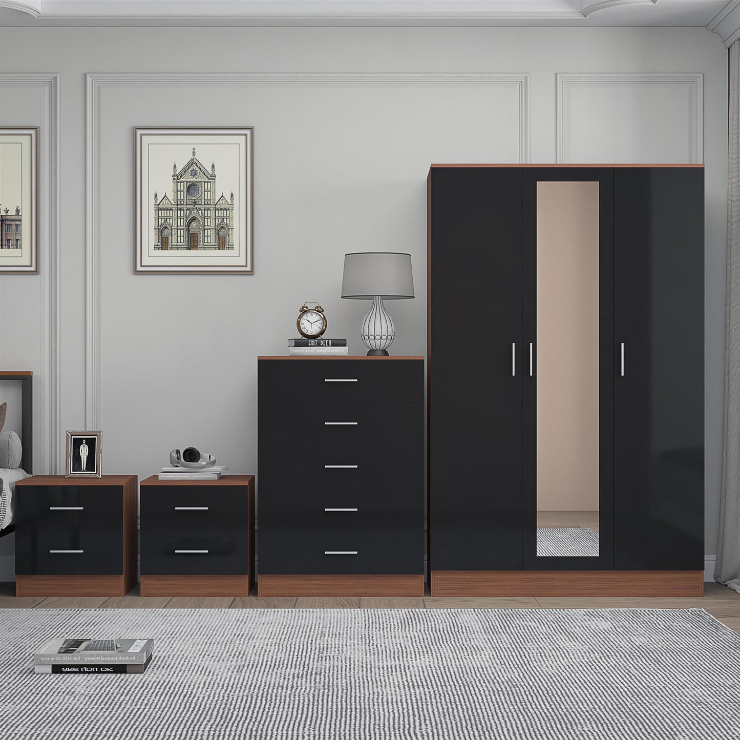 Reflect 3 Door Mirror Wardrobe, 5 Drawer Chest, 2x 2 Drawer Bedsides - Black Gloss & Walnut - Modern Bedroom Furniture Set