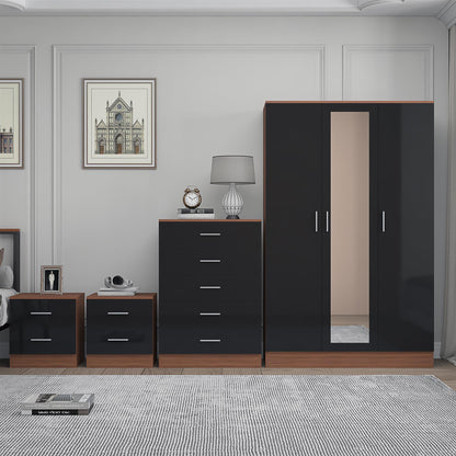 Reflect 3 Door Mirror Wardrobe, 5 Drawer Chest, 2x 2 Drawer Bedsides - Black Gloss & Walnut - Modern Bedroom Furniture Set