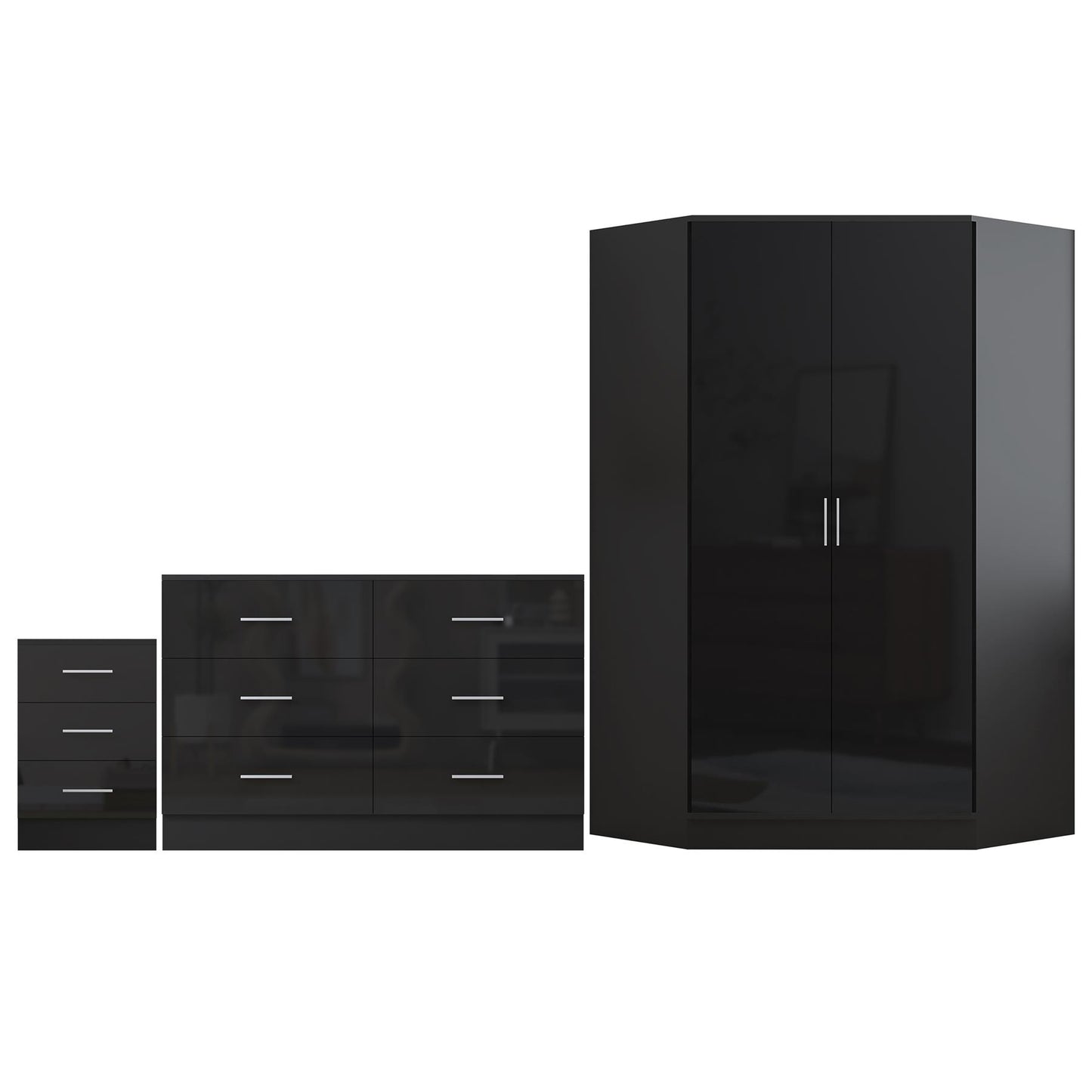 Reflect 2 Door Corner Wardrobe, 6 Drawer Chest, 3 Drawer Bedside - Black Gloss & Black Oak - Bedroom Furniture Set