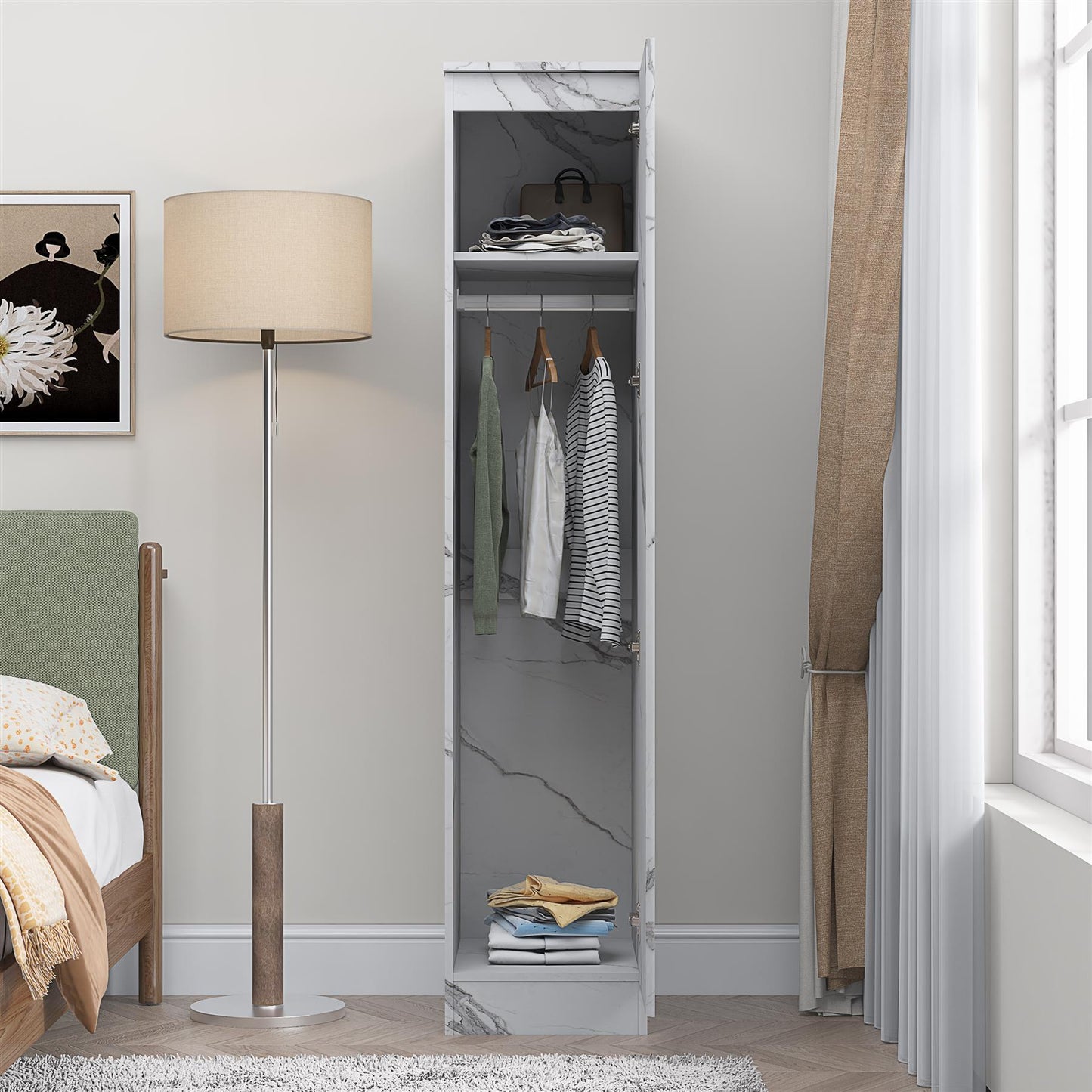 ZITA Compact 1-Door Wardrobe in White Marble Effect - Bedroom Storage, Stylish and Space-Saving