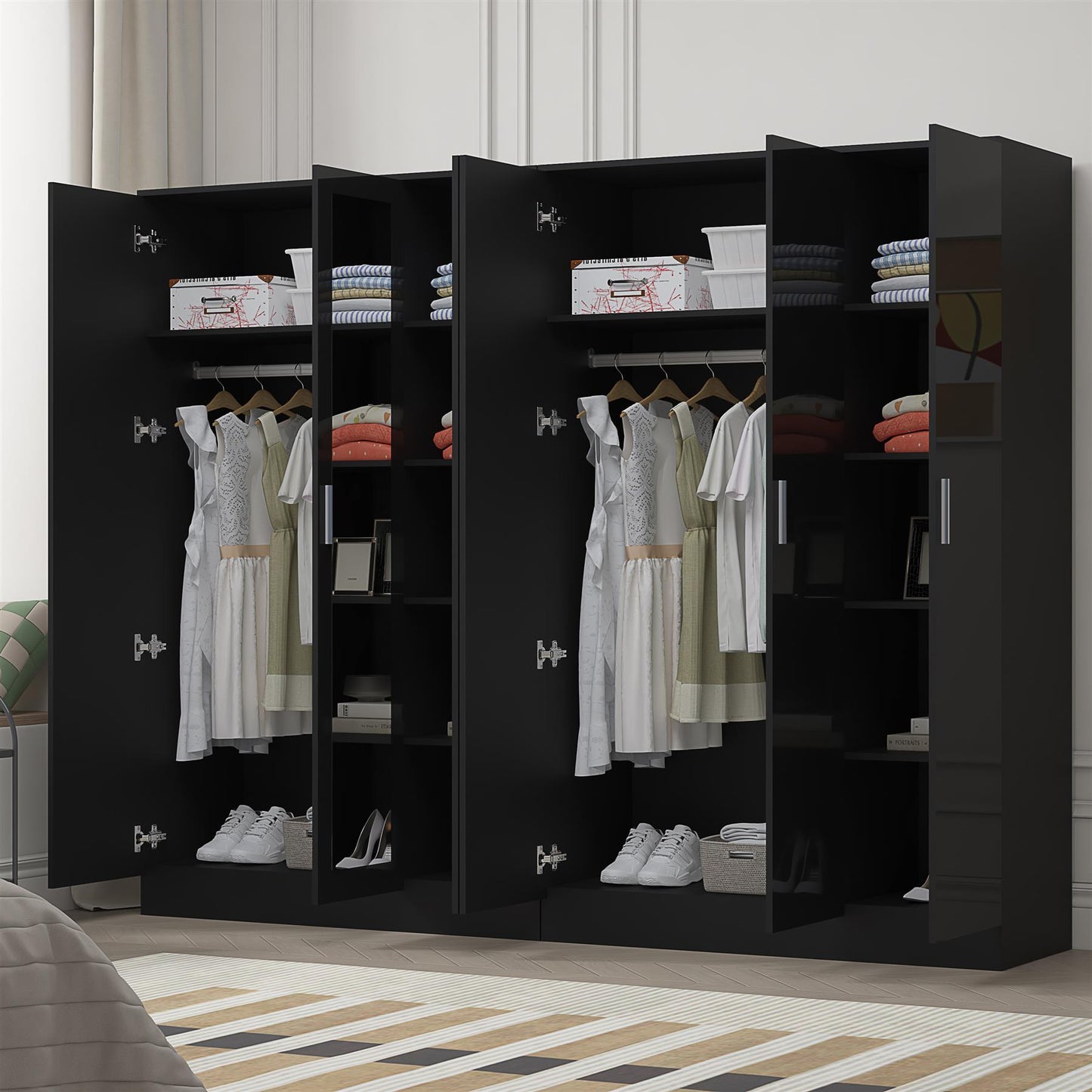 Reflect 2pc Wardrobe Bundle - 3 Door Mirror + 3 Door Plain - Black Gloss & Black Oak