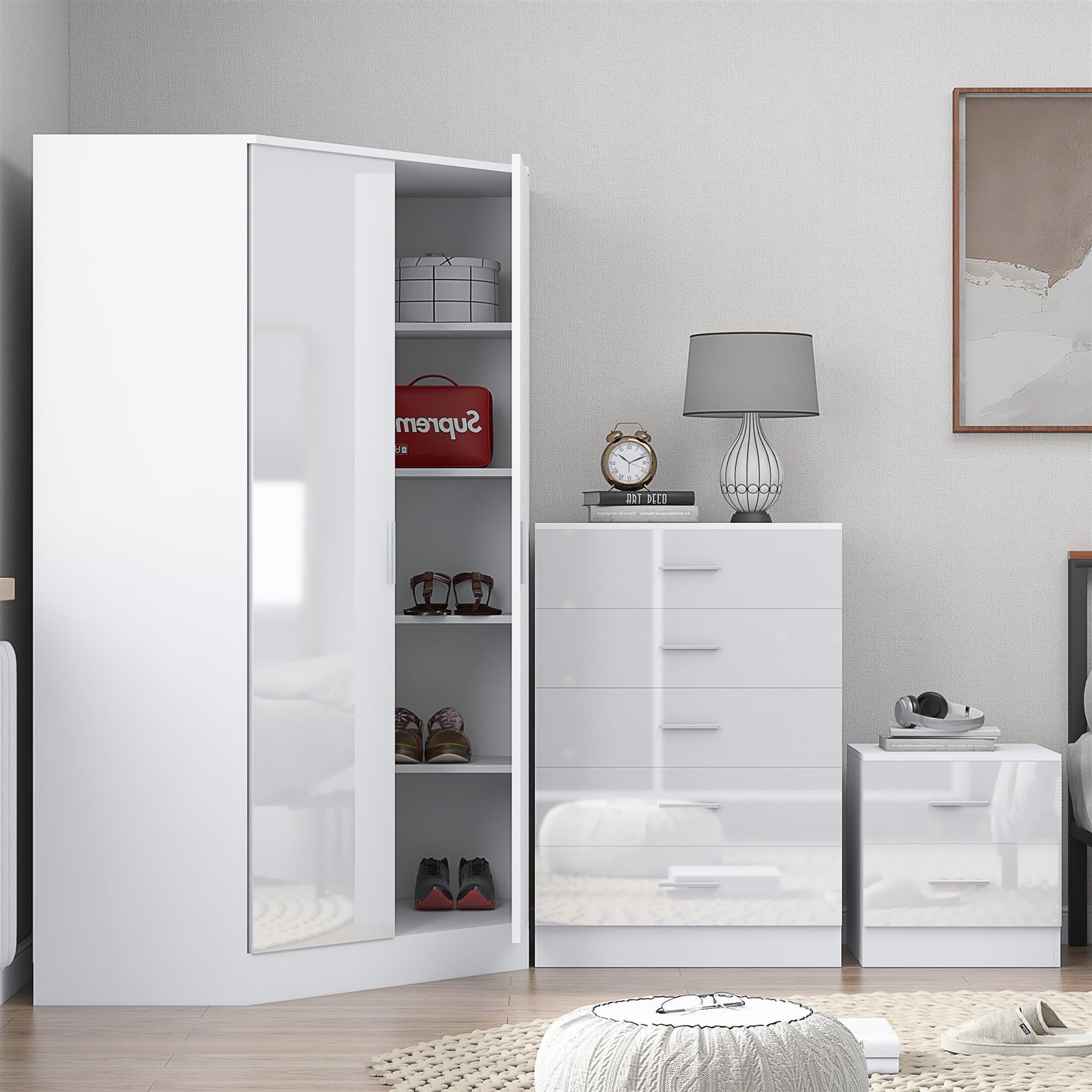Reflect 2 Door Corner Wardrobe, 5 Drawer Chest, 2 Drawer Bedside - White Gloss & Matt White - Bedroom Furniture Set