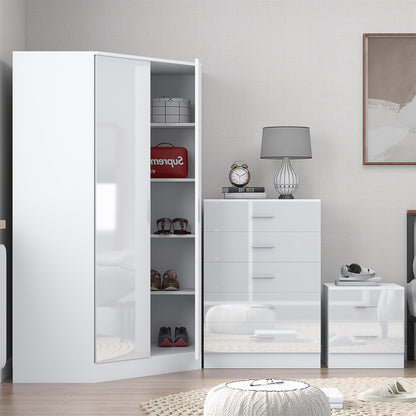 Reflect 2 Door Corner Wardrobe, 5 Drawer Chest, 2 Drawer Bedside - White Gloss & Matt White - Bedroom Furniture Set