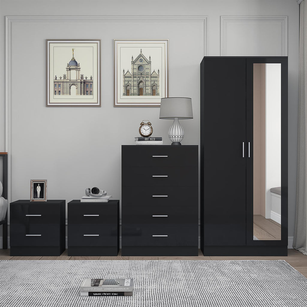 Reflect 2 Door Mirror Wardrobe, 5 Drawer Chest, 2x 2 Drawer Bedsides - Black Gloss & Black Oak - Modern Bedroom Furniture Set