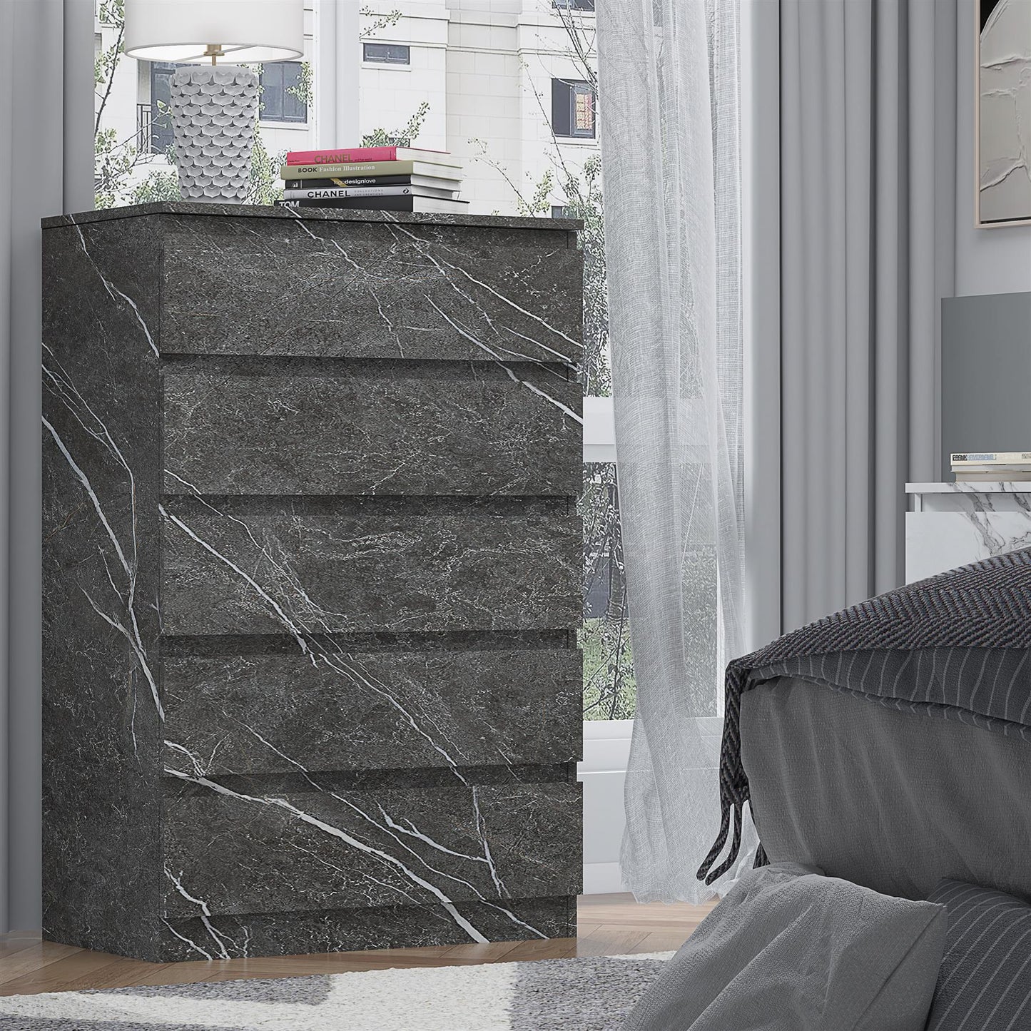 ZITA Grey Marble Effect 5 Drawer Chest - Modern Storage Unit, Stylish Bedroom Storage