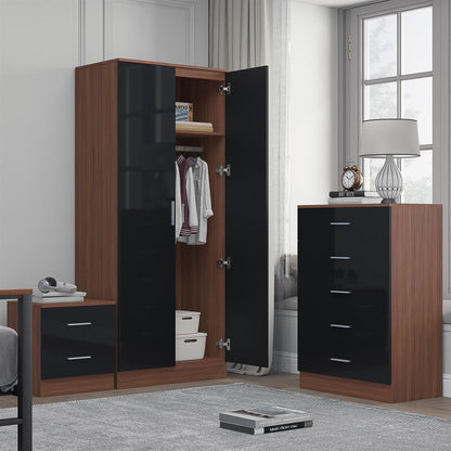 REFLECT Gloss 3pc Set - 2 Door Mirrored Wardrobe + 5 Draw Chest + Bedside