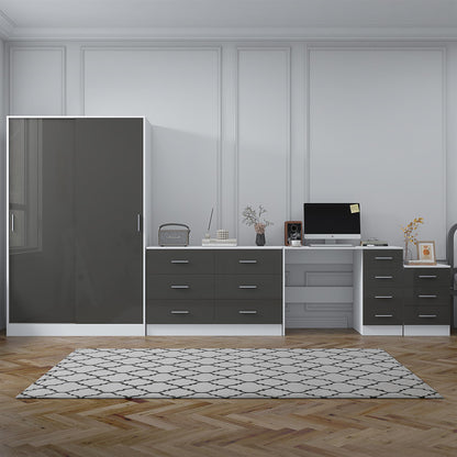 Reflect 2 Door Sliding Wardrobe, 6 Drawer Wide Chest, 3 Drawer Bedside, 4 Drawer Desk - Grey Gloss & Matt White - Modern Bedroom Furniture Set