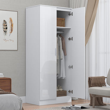 Reflect 2 Door Mirrored Wardrobe - White Gloss & Matt White - Hanging Rails & Shelves - Modern Sleek Design