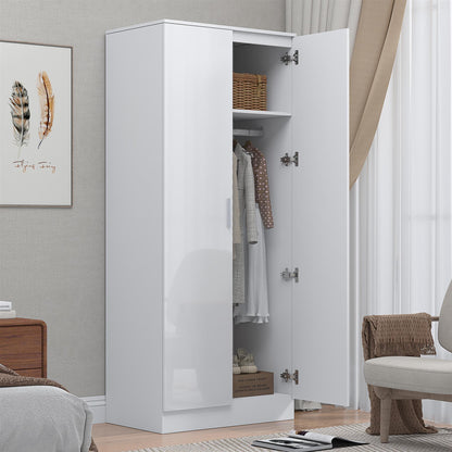 Reflect 2 Door Mirrored Wardrobe - White Gloss & Matt White - Hanging Rails & Shelves - Modern Sleek Design