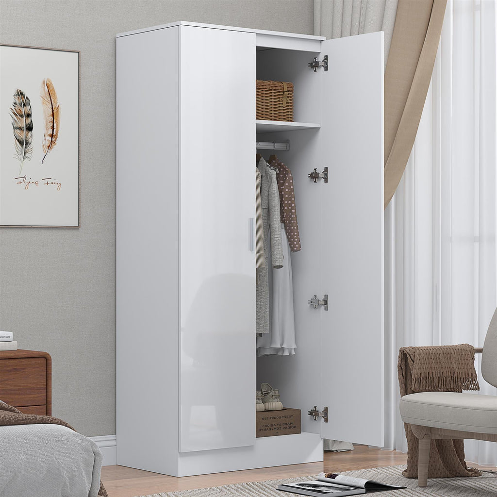 Reflect 2 Door Mirrored Wardrobe - White Gloss & Matt White - Hanging Rails & Shelves - H: 180cm x W: 76cm - Modern Sleek Design