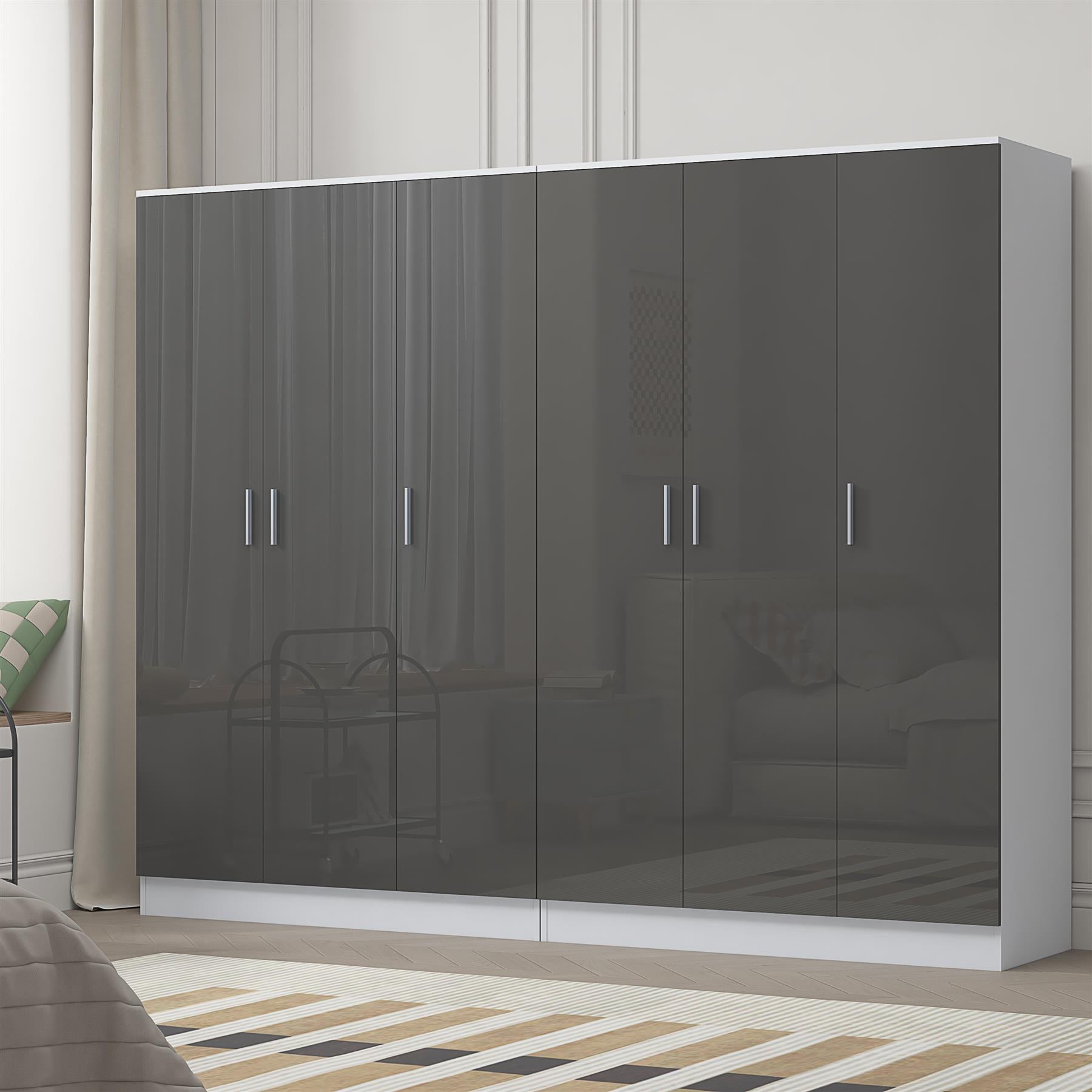 Reflect 2pc Wardrobe Bundle - 3 Door Plain + 3 Door Plain - Grey Gloss & Matt White