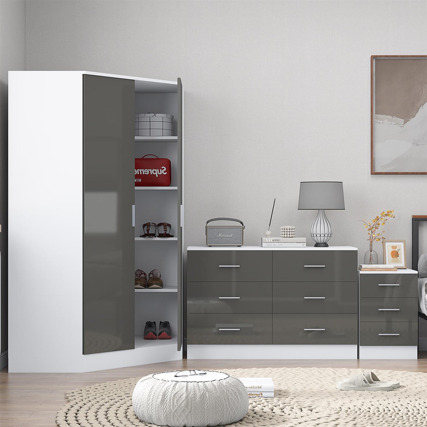 Reflect 2 Door Corner Wardrobe, 6 Drawer Chest, 3 Drawer Bedside - Grey Gloss & Matt White - Bedroom Furniture Set