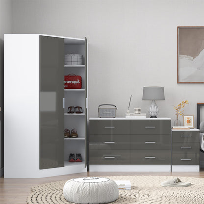 Reflect 2 Door Corner Wardrobe, 6 Drawer Chest, 3 Drawer Bedside - Grey Gloss & Matt White - Bedroom Furniture Set