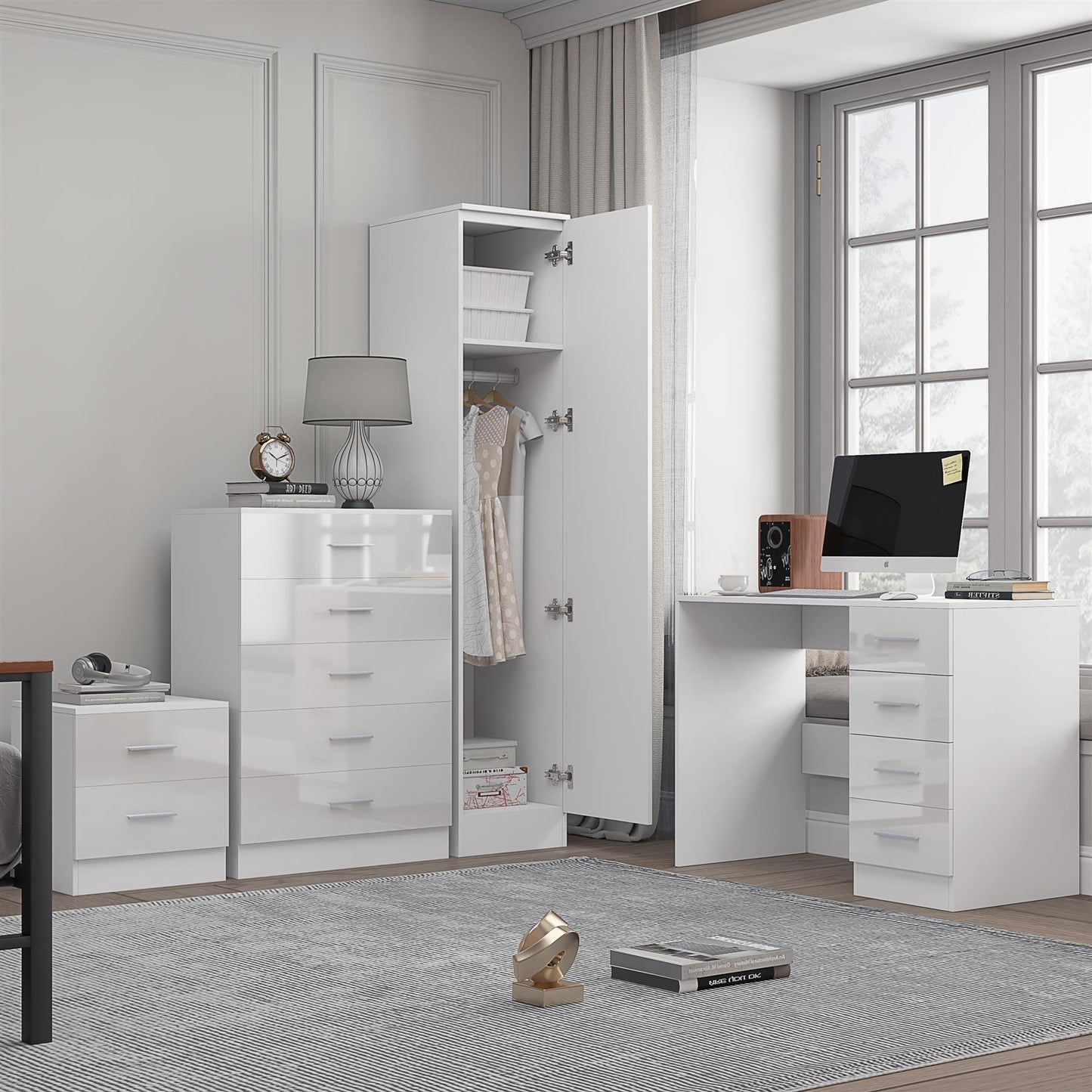 Reflect 1 Door Plain Wardrobe, 5 Drawer Chest, 2 Drawer Bedside & Desk - White Gloss & Matt White - Bedroom Furniture Set
