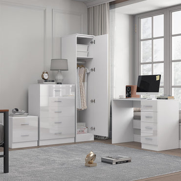 Reflect 1 Door Plain Wardrobe, 5 Drawer Chest, 2 Drawer Bedside & Desk - White Gloss & Matt White - Bedroom Furniture Set