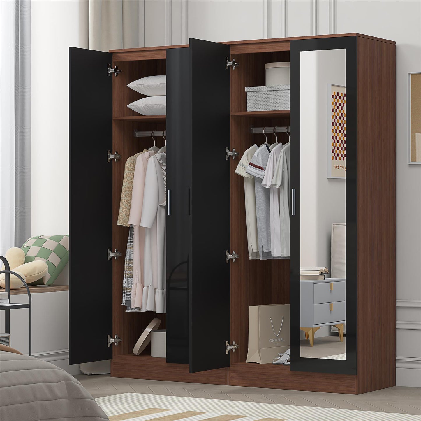 Reflect 2pc Wardrobe Bundle - 2 Door Mirror + 2 Door Plain - Black Gloss & Walnut