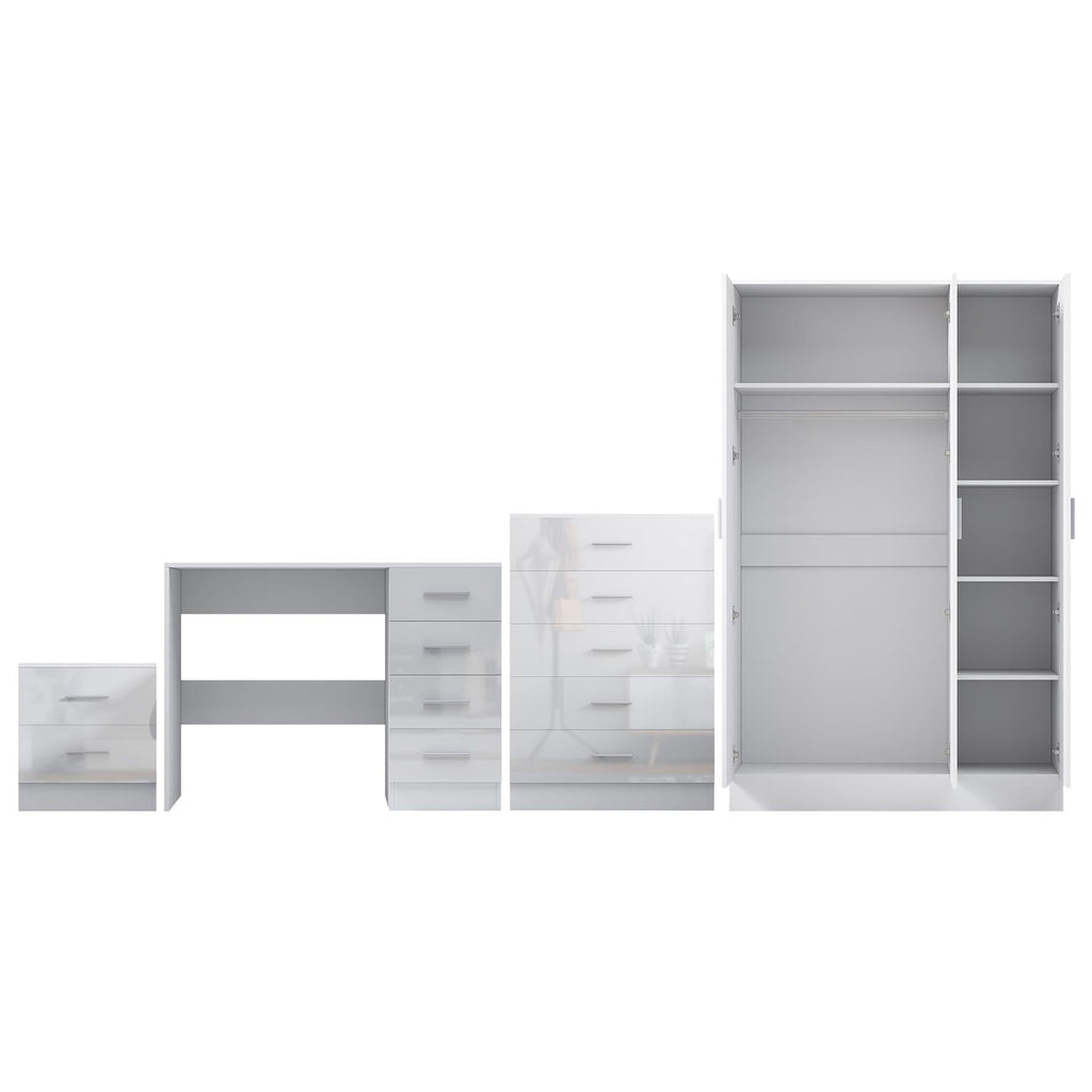 REFLECT Gloss 4pc Bedroom Set - 3 Door Wardrobe + Tall Chest + Bedside + Desk