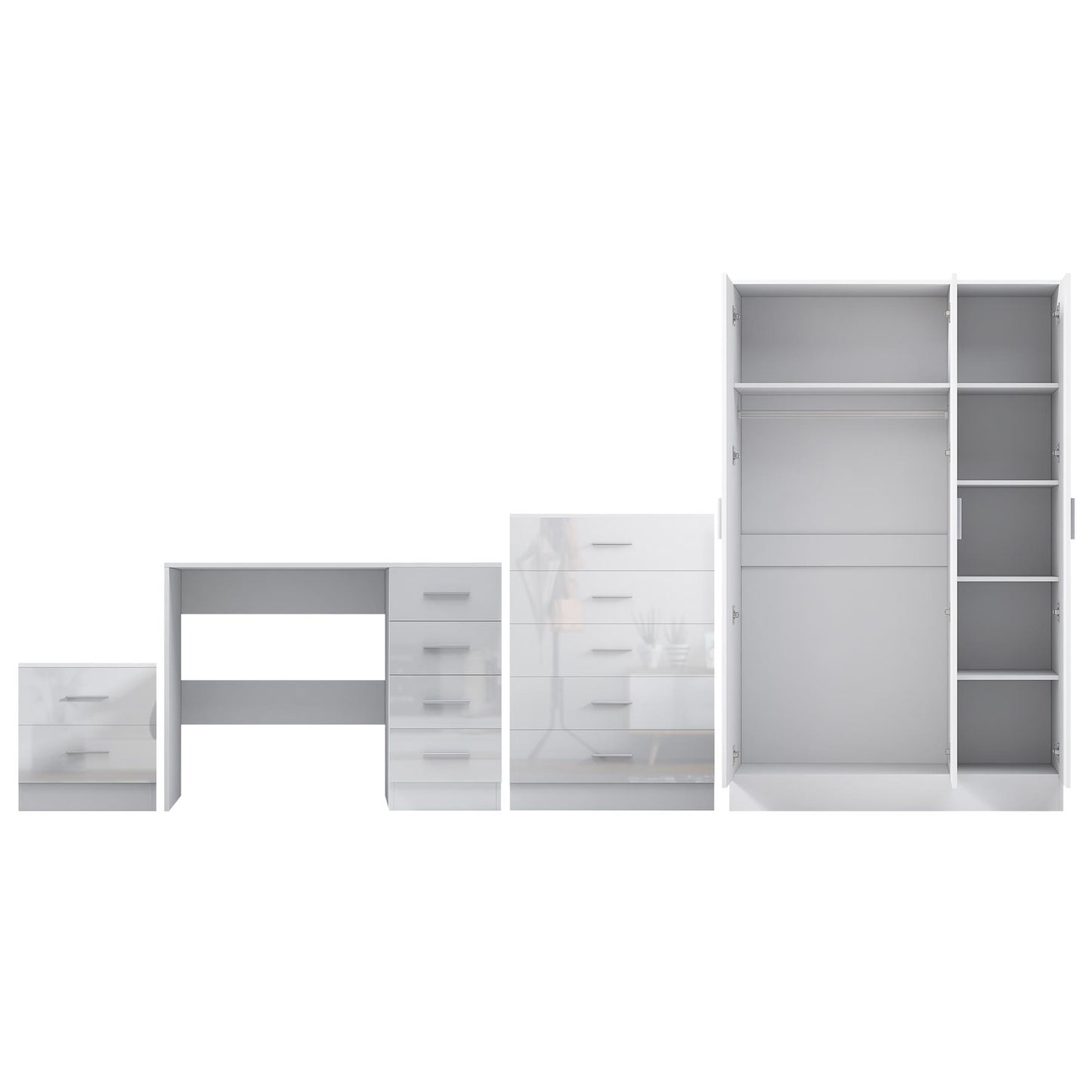 REFLECT Gloss 4pc Bedroom Set - 3 Door Wardrobe + Tall Chest + Bedside + Desk