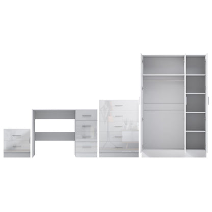 Reflect 3 Door Plain Wardrobe, 5 Drawer Chest, 2 Drawer Bedside & Desk - White Gloss & Matt White - Modern Bedroom Furniture Set