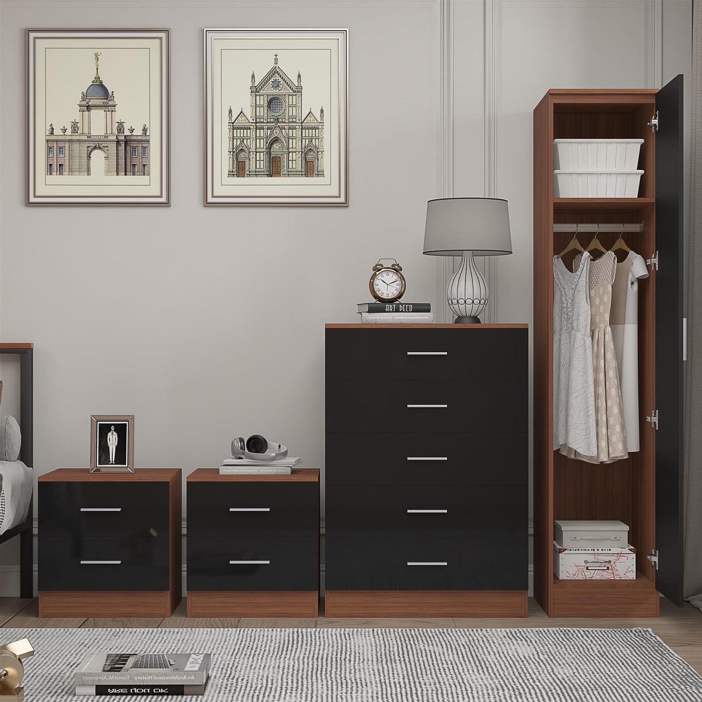 REFLECT Gloss 4pc Bedroom Set - 1 Door Wardrobe + 5 Draw Chest + 2 Bedsides