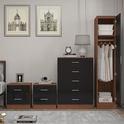 Reflect 1 Door Plain Wardrobe, 5 Drawer Chest, 2x 2 Drawer Bedsides - Black Gloss & Walnut - Modern Bedroom Furniture Set