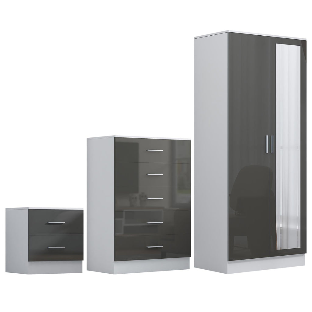 REFLECT Gloss 3pc Set - 2 Door Mirrored Wardrobe + 5 Draw Chest + Bedside