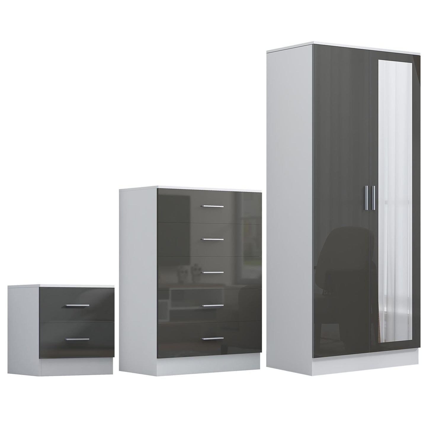 REFLECT Gloss 3pc Set - 2 Door Mirrored Wardrobe + 5 Draw Chest + Bedside
