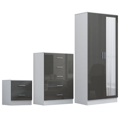 REFLECT Gloss 3pc Set - 2 Door Mirrored Wardrobe + 5 Draw Chest + Bedside