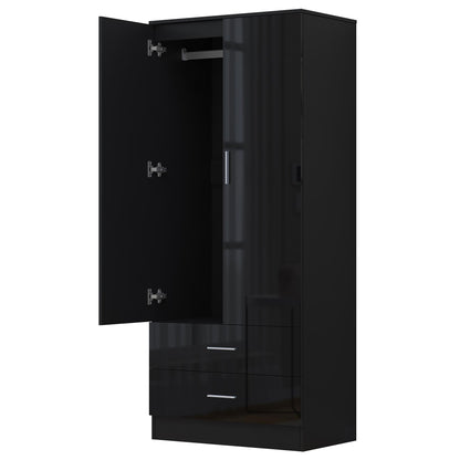 Reflect 2 Door 2 Drawer Combi Plain Wardrobe - Black Gloss & Black Oak - Hanging Rails, Drawers & Shelf
