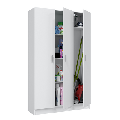 VITA White 3 Door Broom Cupboard - Modular Kitchen & Utility Room Cleaning Storage Cabinet