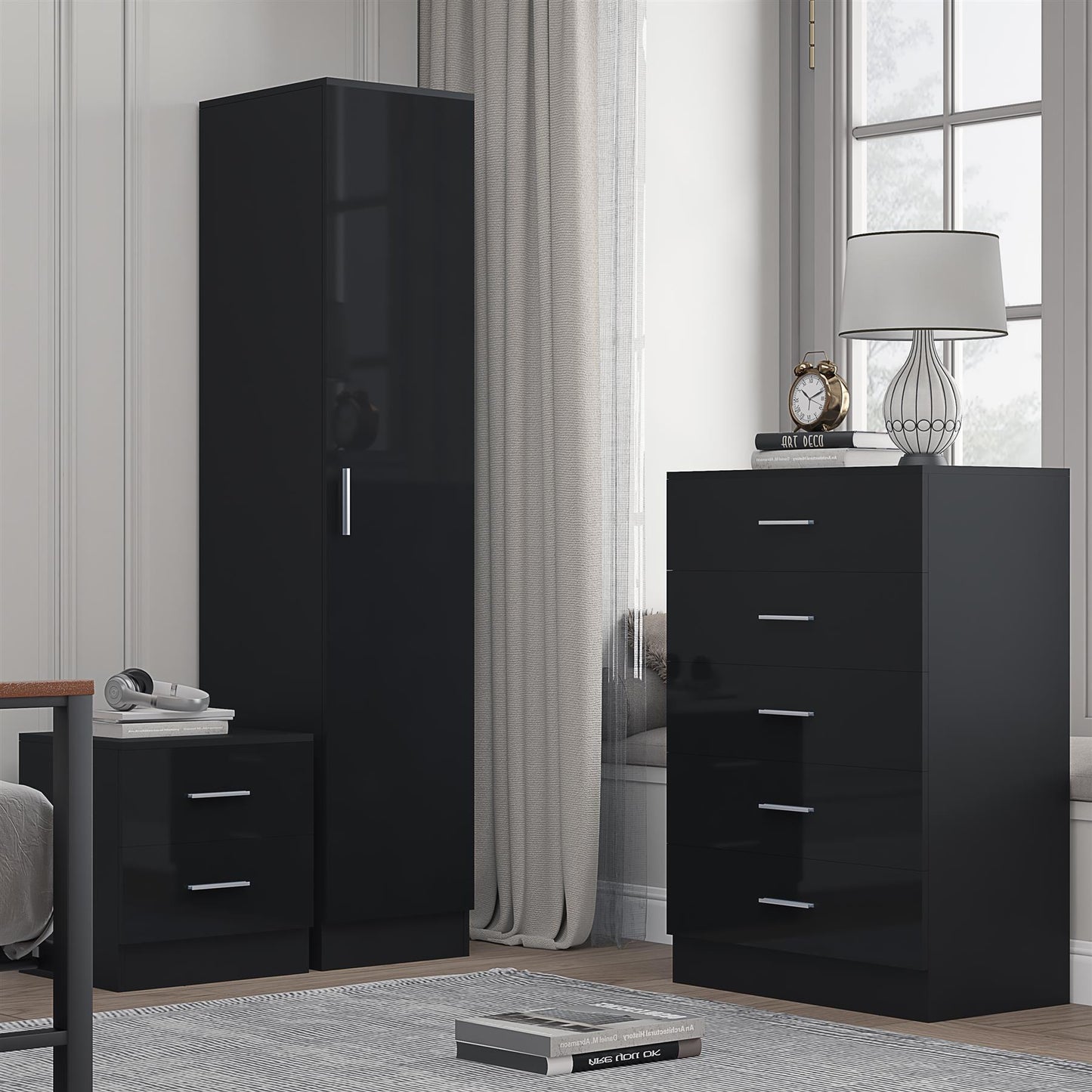 REFLECT Gloss 3pc Bedroom Set - 1 Door Wardrobe + 5 Draw Chest + Bedside
