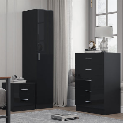 Reflect 1 Door Plain Wardrobe, 5 Drawer Chest, 2 Drawer Bedside - Black Gloss & Black Oak - Bedroom Furniture Set