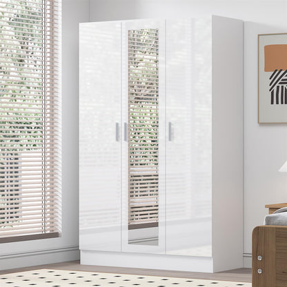 Reflect 3 Door Mirror Wardrobe-White Gloss & Matt White-Hanging Rail & 4 Shelves - Modern Design