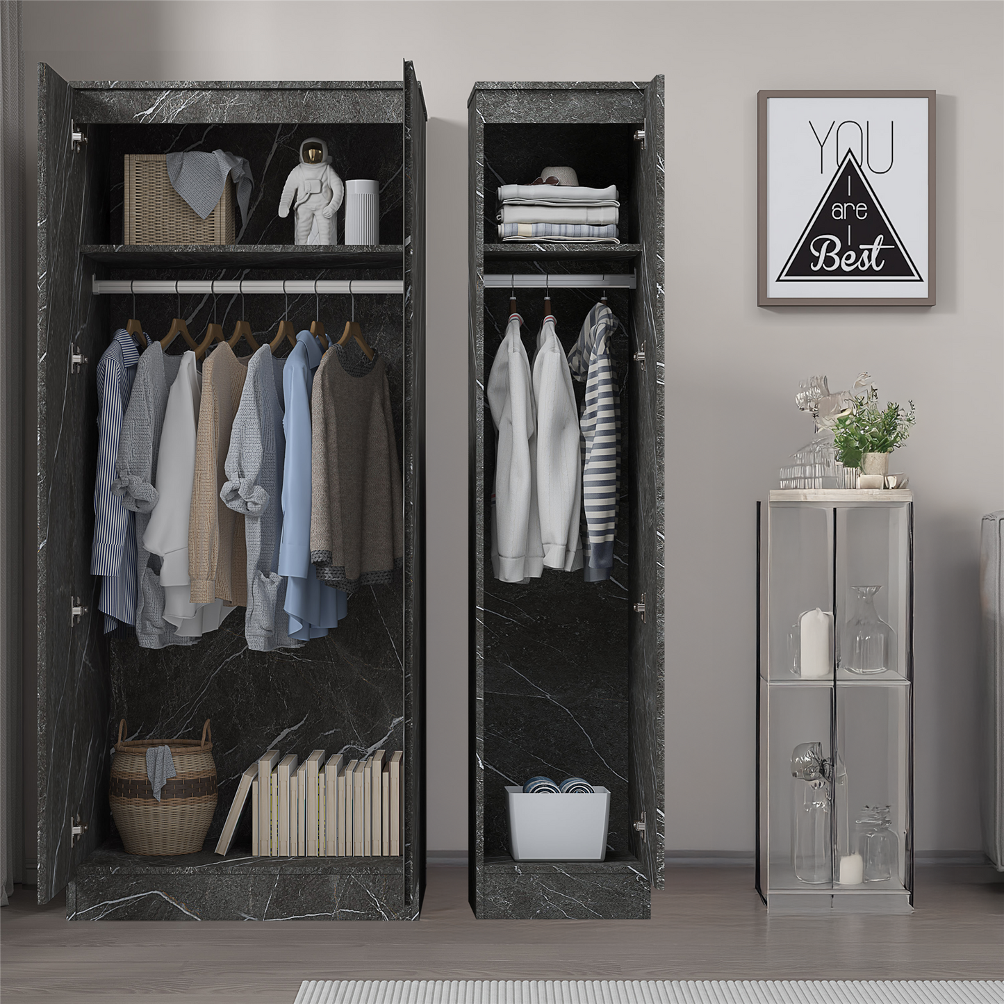 ZITA Grey Marble Effect 2 Piece Wardrobe Set - 2 Door and 1 Door, Spacious Bedroom Storage Solutions