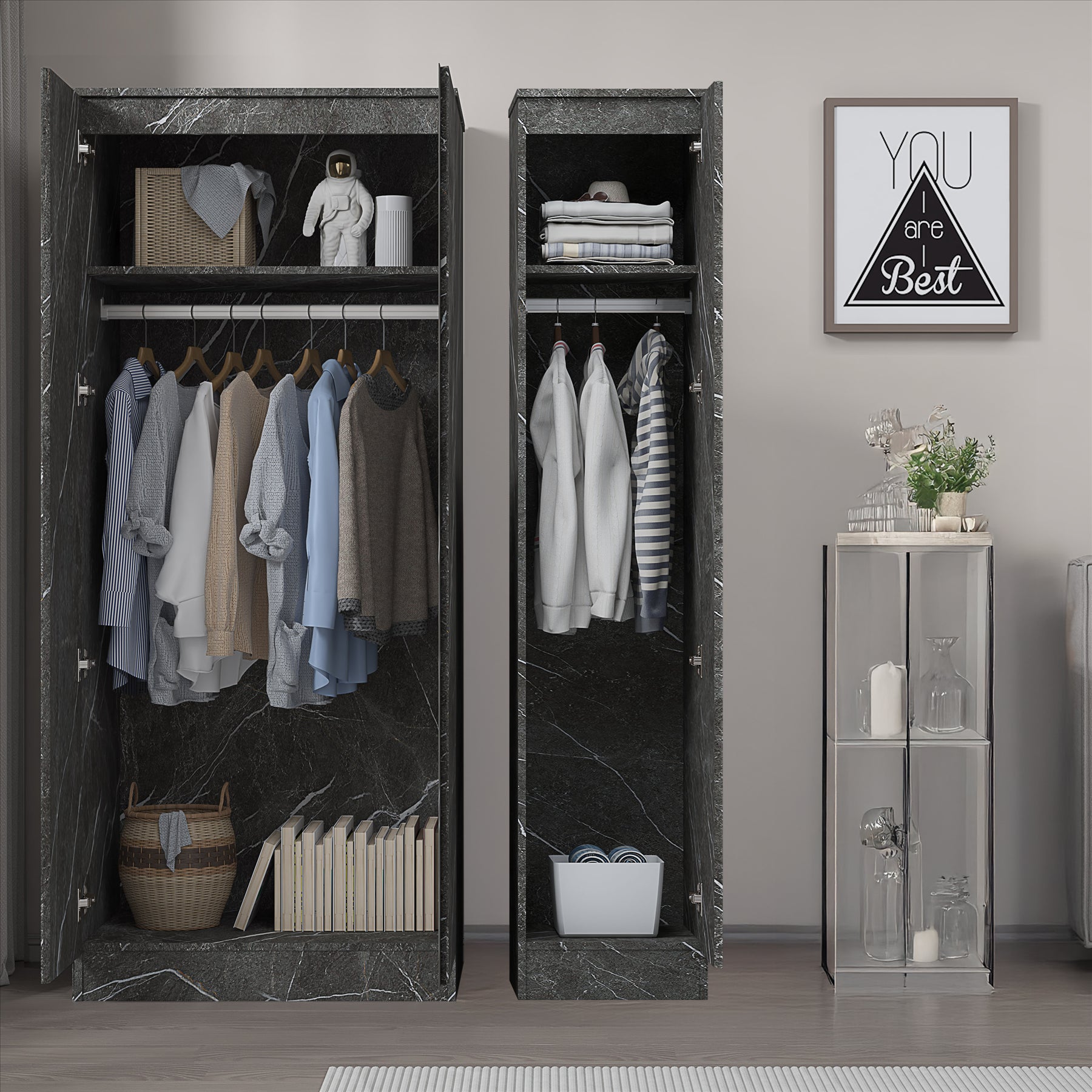 ZITA Grey Marble Effect 2 Piece Wardrobe Set - 2 Door and 1 Door, Spacious Bedroom Storage Solutions
