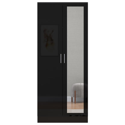 Reflect 2 Door Mirrored Wardrobe - Black Gloss & Black Oak - Hanging Rails & Shelves - Modern Sleek Design