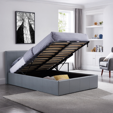 LUNA 4FT6 Double Grey Ottoman Storage Bed Gas Lift & 17cm Thick Spring Mattress, Faux Leather Fabric
