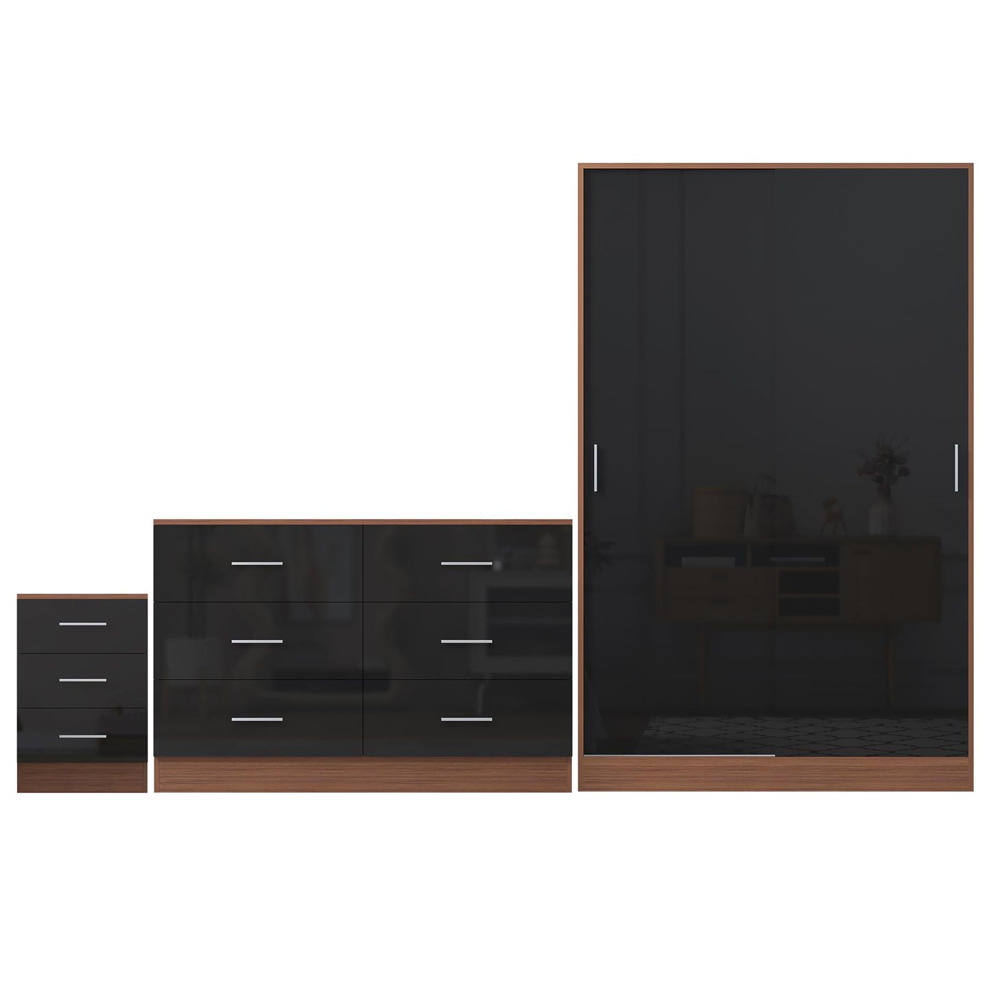 REFLECT Gloss 3pc Set - 2 Door Sliding Wardrobe + Wide Chest + Tall Bedside