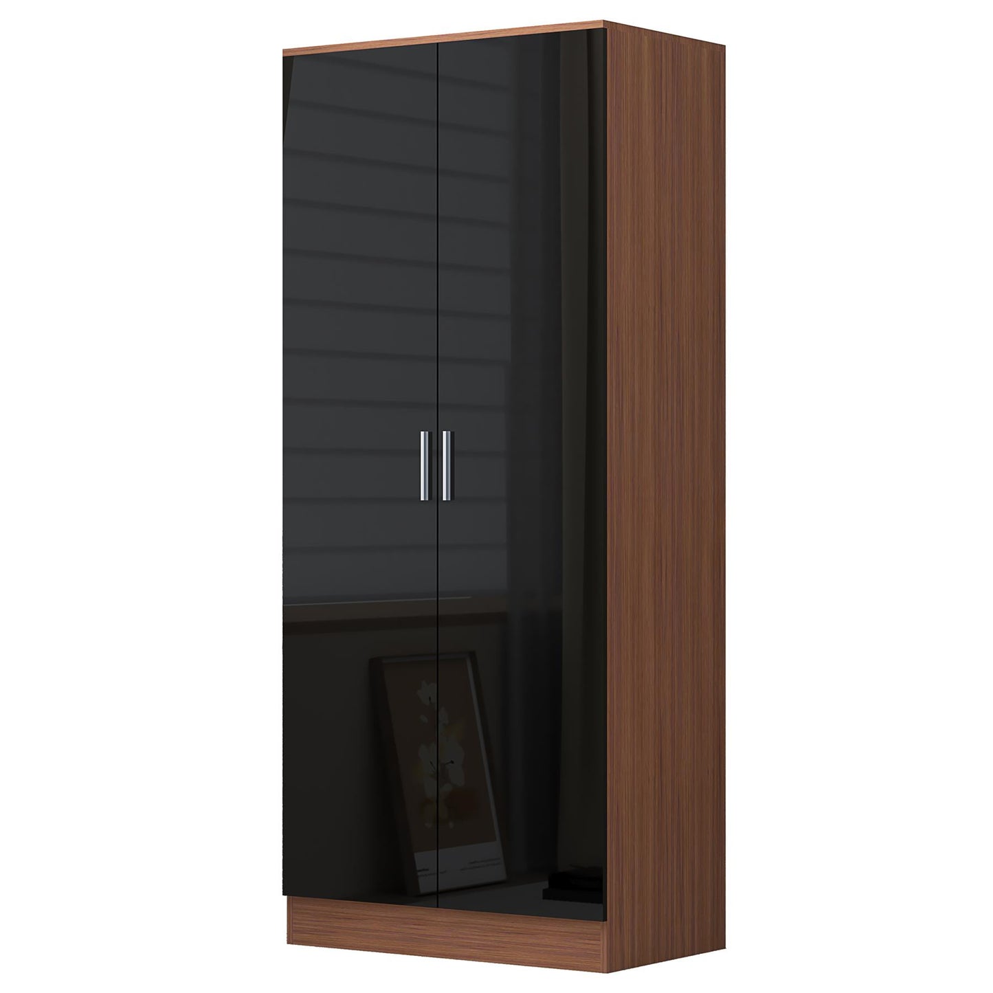 REFLECT High Gloss Bedroom Furniture Wardrobe Chest Bedside Desk - Black/Walnut