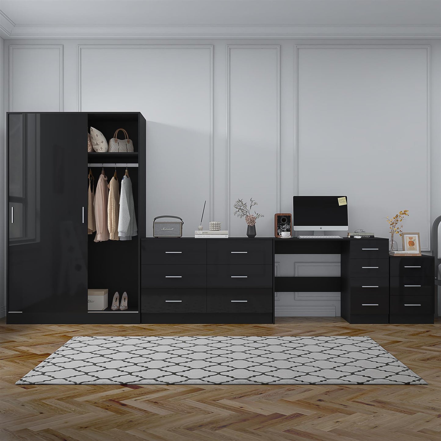 REFLECT Gloss 4pc Set - 2 Door Sliding Wardrobe + Wide Chest + Bedside + Desk