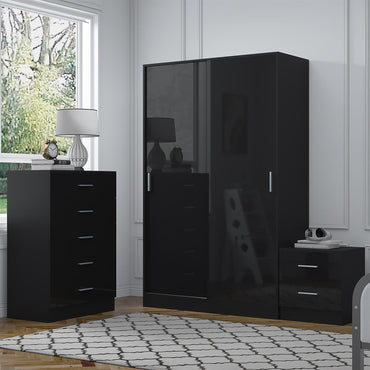Reflect 2 Door Sliding Wardrobe, 5 Drawer Chest, 2 Drawer Bedside - Black Gloss & Black Oak - Modern Bedroom Furniture Set