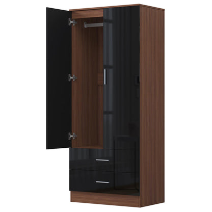 Reflect 2 Door 2 Drawer Combi Plain Wardrobe - Black Gloss & Walnut - Hanging Rails, Drawers & Shelf