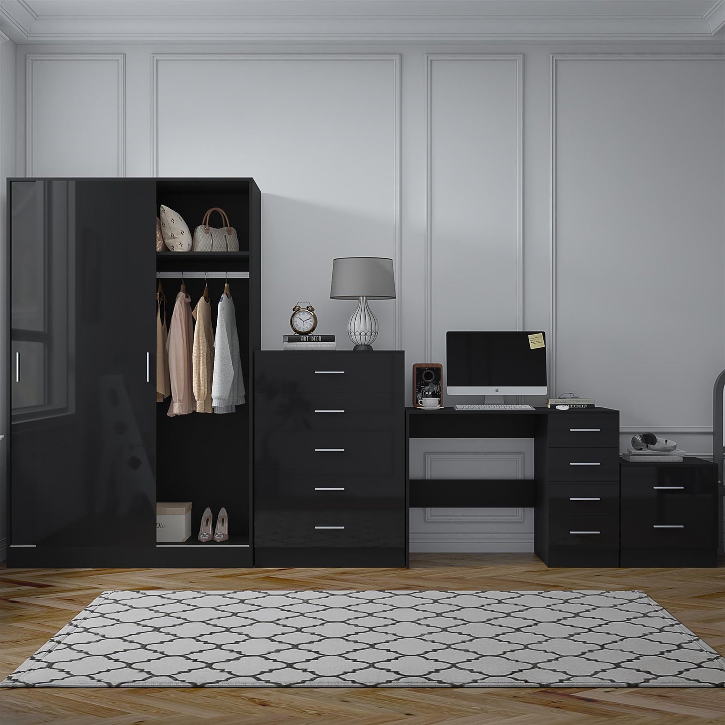 REFLECT Gloss 4pc Set - 2 Door Sliding Wardrobe + 5 Draw Chest + Bedside + Desk