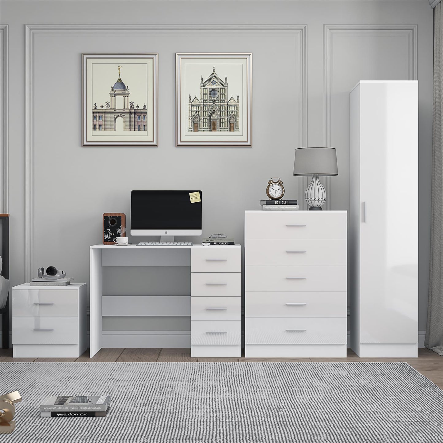 REFLECT Gloss 4pc Bedroom Set - 1 Door Wardrobe + 5 Draw Chest + Bedside + Desk