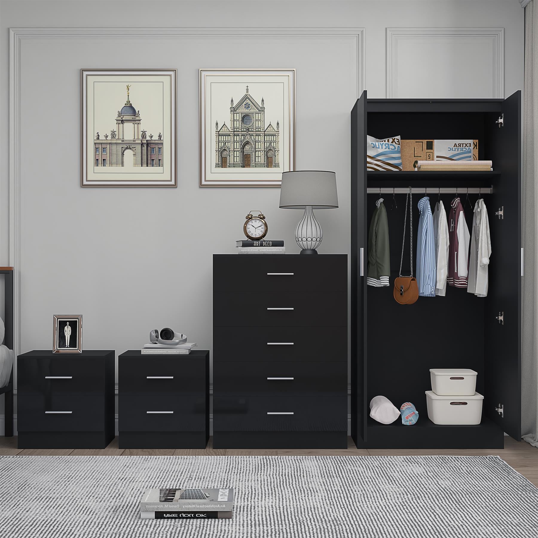 Reflect 2 Door Mirror Wardrobe, 5 Drawer Chest, 2x 2 Drawer Bedsides - Black Gloss & Black Oak - Modern Bedroom Furniture Set