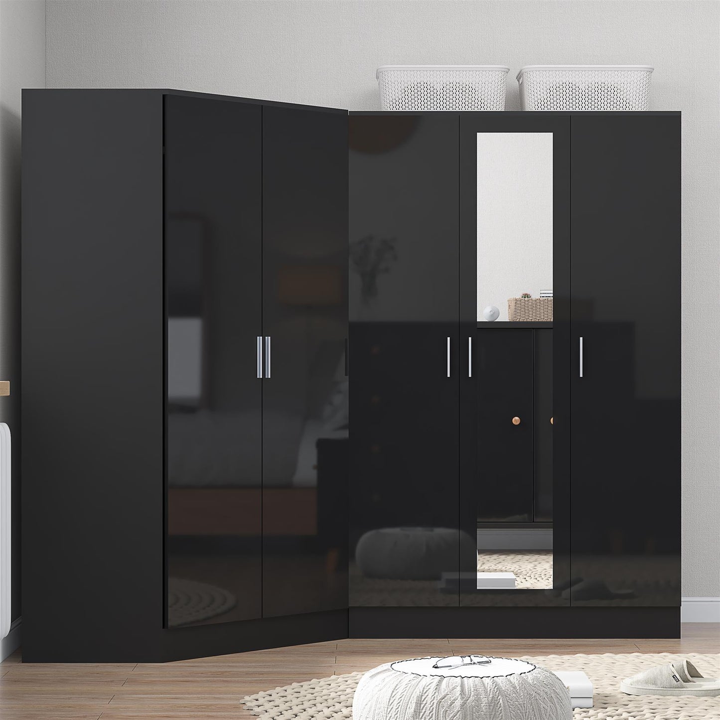 Reflect 2pc Wardrobe Bundle - 2 Door Corner + 3 Door Mirror - Black Gloss & Black Oak