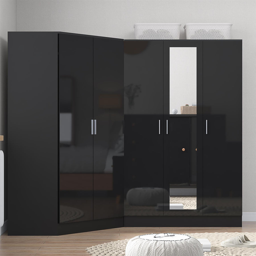 Reflect 2pc Wardrobe Bundle - 2 Door Corner + 3 Door Mirror - Black Gloss & Black Oak - H: 180cm x W: 179cm x D: 103cm