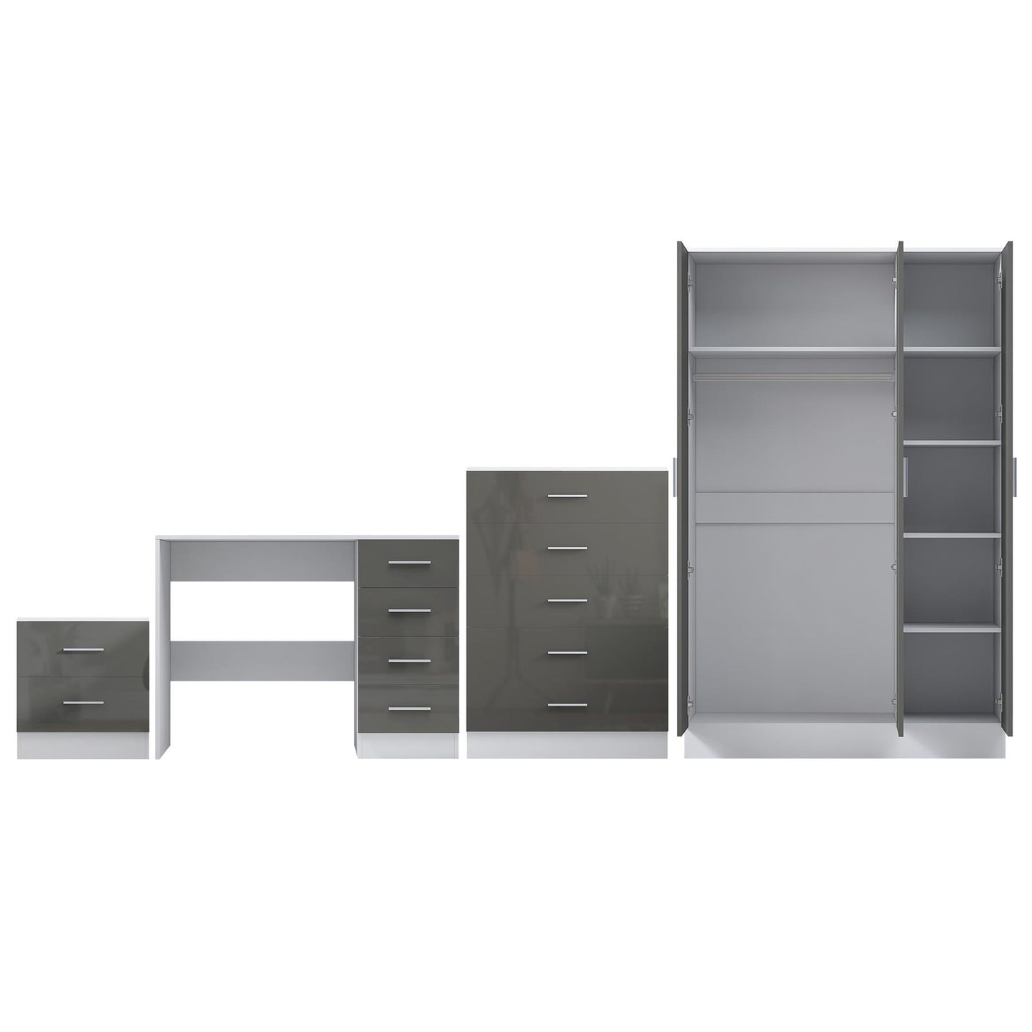 REFLECT Gloss 4pc Bedroom Set - 3 Door Wardrobe + Tall Chest + Bedside + Desk