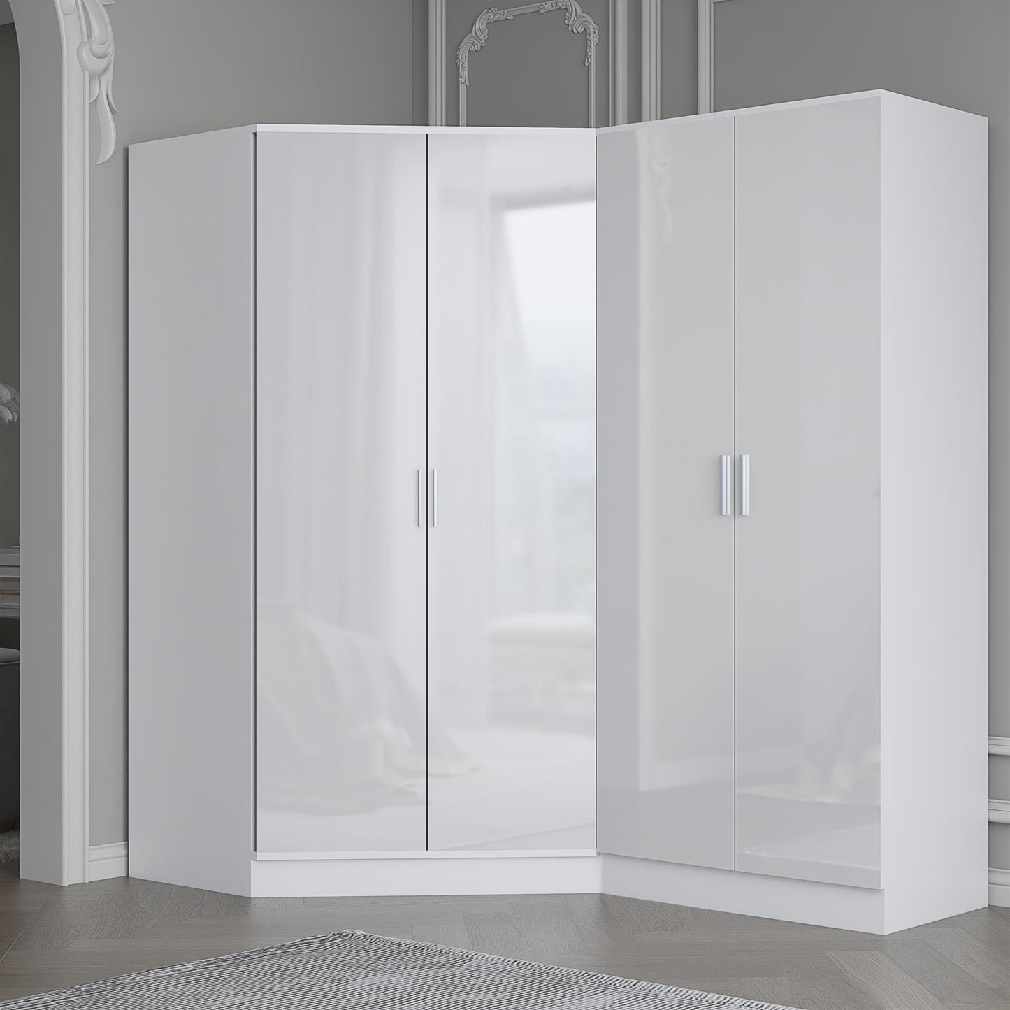 Reflect 2pc Wardrobe Bundle - 2 Door Corner + 2 Door Plain - White Gloss & Matt White