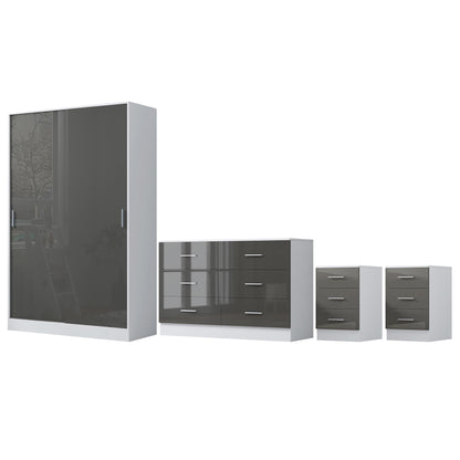REFLECT Gloss 4pc Set - 2 Door Sliding Wardrobe + Wide Chest + 2 Tall Bedsides